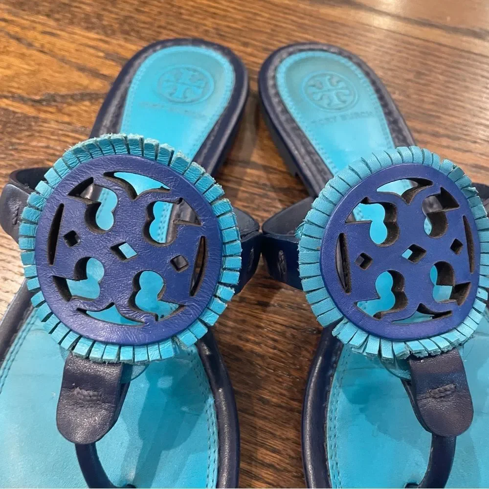 TORY BURCH Miller Fringe Blue Dual Tone Leather Logo Flip Flop Sandals